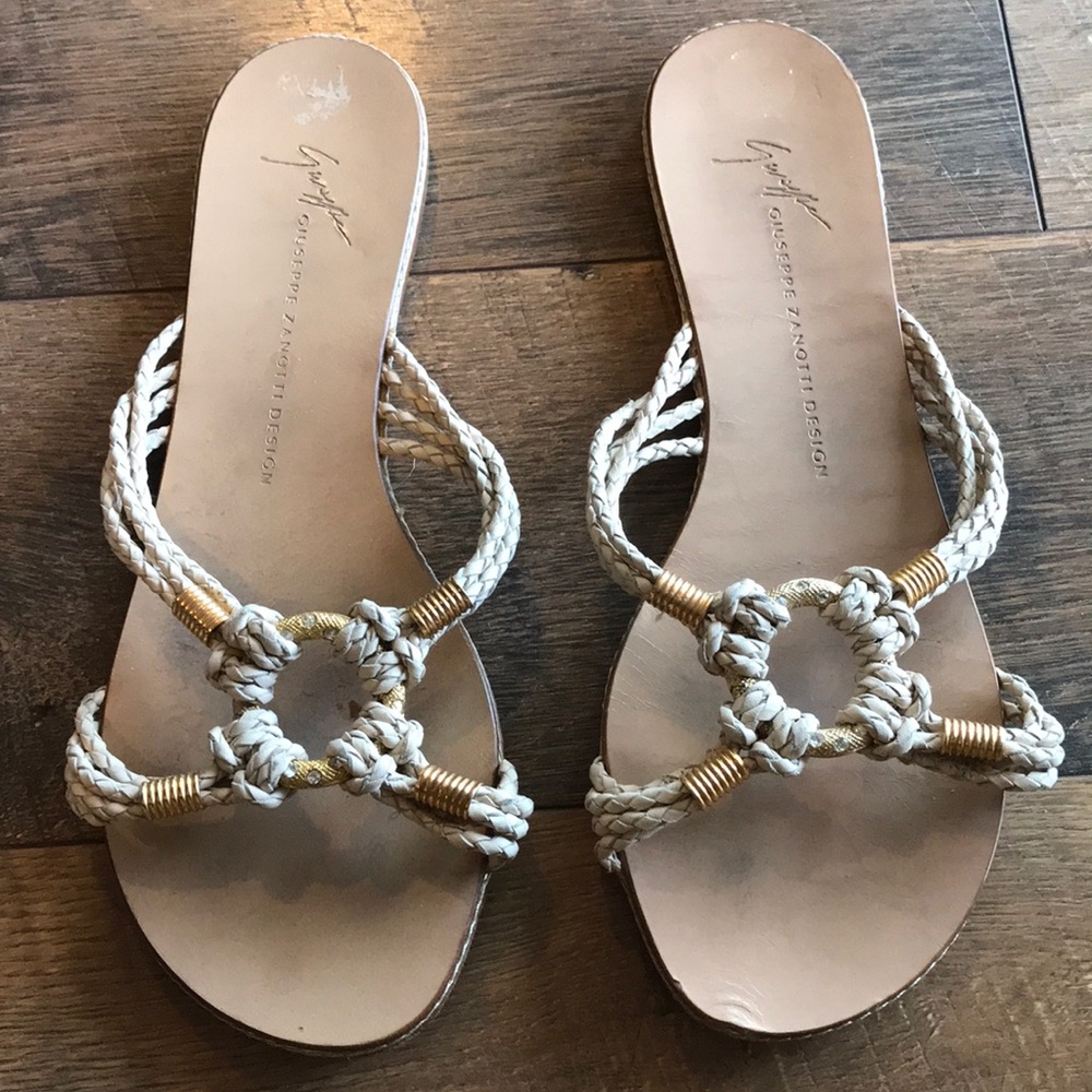 Giuseppe Zanotti Beige Braided Rope Sandal with Gold Accents